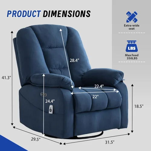 Miniatura 2 de Silla Reclinable Giratoria Eléctrica para Adultos, Sillas Reclinables Mecedoras con Masaje y Calor para Sala de Estar, Silla de Sofá Reclinable