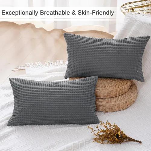 Miniatura 5 de PHF - Funda de almohada lumbar 100% de algodón, tejido de punto gofre, 12 x 20 pulgadas, sin relleno, paquete de 2 fundas de cojín rectangulares
