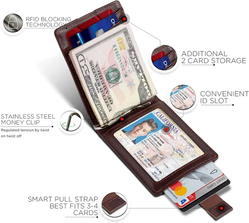 Miniatura 57 de SERMAN BRANDS - Billetera sencilla de cuero genuino con bloqueo RFID para hombre, billetera delgada con bolsillo frontal y clip para dinero