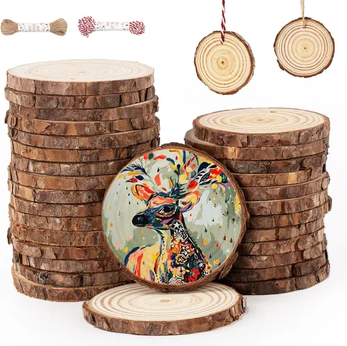 Miniatura 8 de ilauke - Láminas de madera, 30 piezas de 2.4"-2.8" (6.1-7.1 cm) redondas de madera natural con agujero preperforado, círculos de madera con corteza