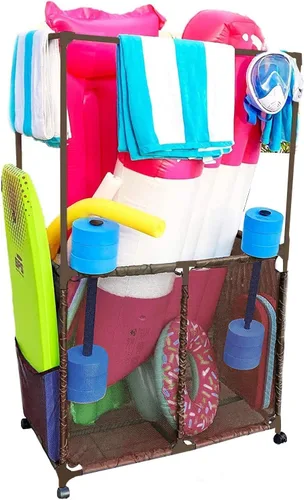 Soporte para equipo de piscina con barras de secado de toallas, organizador de almacenamiento multiusos con ruedas de malla, colgador de toallas
