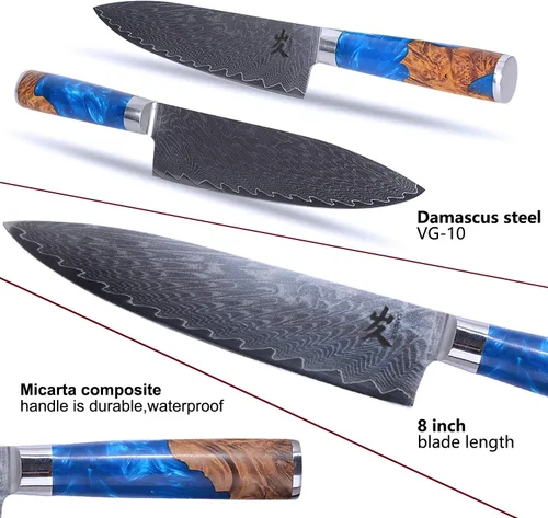 Miniatura 8 de SAMCOOK Cuchillo de chef de damasco - Cuchillo Gyuto profesional de 8 pulgadas y afilado - Cuchillo de cocina japonés de acero inoxidable VG-10