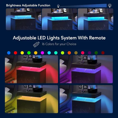 Miniatura 3 de Mesita de noche LED para dormitorio, moderna madera con 2 cajones, mesita de noche negra y dorada, mesa auxiliar con luz LED ajustable