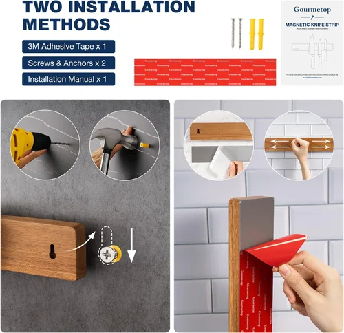Miniatura 5 de Gourmetop Soporte magnético para cuchillos de pared de 12 pulgadas, tira magnética para cuchillos sin taladrar, soporte magnético de madera