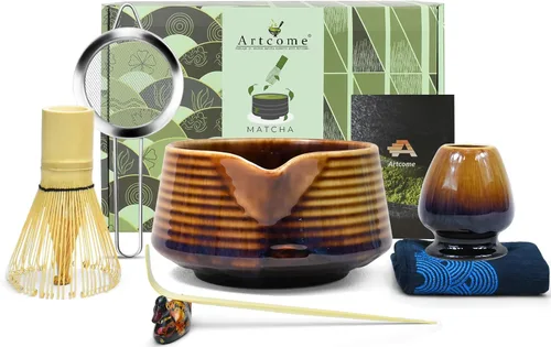 Artcome Juego de té Matcha – Kit japonés Matcha con batidor de bambú, cuenco de boquilla para vertido, cuchara, tamiz, soporte y manual –