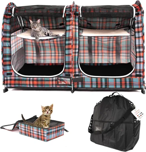 Miniatura 10 de Mispace - Jaula/Casa portátil para gatos con doble compartimento de exhibición, fácil de plegar y transportar, cómoda jaula de viaje para cachorros