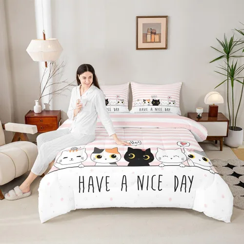 Miniatura 74 de Erosebridal Juego de ropa de cama para niños, tamaño individual, diseño de gatos de dibujos animados, para niñas, niños y adolescentes, edredón