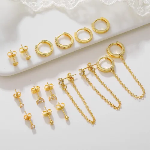 Miniatura 5 de Juegos de aretes de plata y oro para múltiples piercings, aretes de cartílago pequeños hipoalergénicos de plata de ley