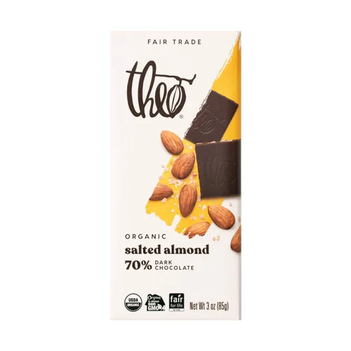 Miniatura 6 de Barras de chocolate negro orgánico con almendra salada Theo, 70% cacao, paquete de 6 unidades Vegano, comercio justo