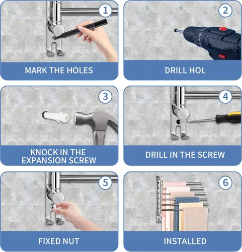 Miniatura 4 de Toallero giratorio, barra para toallas con montaje en pared y rotación de 180°, colgador de toallas de 6 brazos de acero inoxidable SUS 304, ahorro