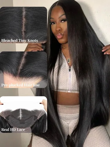 Miniatura 4 de SOKU 40" Super Long Straight Lace Front Wigs,13x6 Transparent Swiss Synthetic Lace Wig Pre Plucked,Natural Black Glueless Lace Front Wigs with Baby