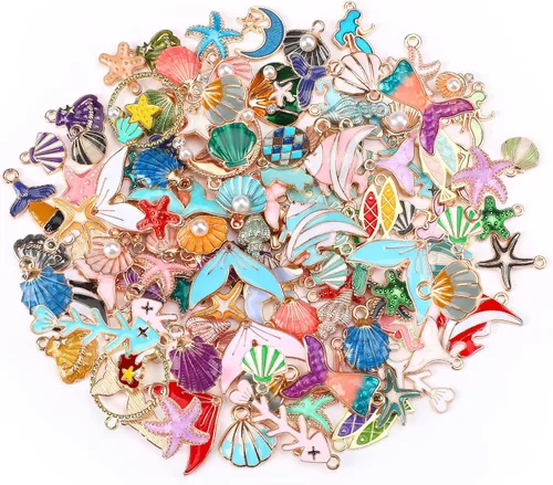 MARFOREVER 120 dijes de mar con temática oceánica para la fabricación de joyas, esmalte dorado surtido de estrellas de mar y conchas marinas