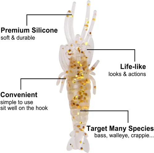 Miniatura 2 de Cebos de señuelo de camarones suaves, 20 cebo de camarón artificial, señuelos de pesca con brillo, 2.0 in, kit de gambas de gambas de silicona