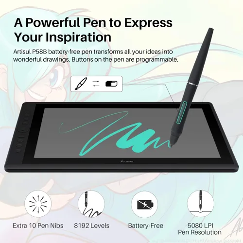 Miniatura 2 de Artisul D16 Tableta de dibujo de 15.6 pulgadas con pantalla IPS Monitor de dibujo gráfico Full Laminated Pen Display Pantalla de lápiz óptico sin