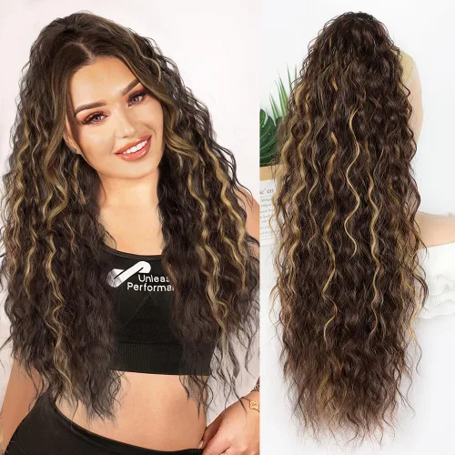 Miniatura 18 de ALXNAN Cola de caballo con clip de garra, extensión de cola de caballo marrón oscuro de 26 pulgadas para mujer, extensiones de cabello sintético