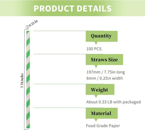 Miniatura 3 de Pajitas de papel a rayas verdes, biodegradables, desechables, de Navidad, verde y blanco, pajitas verdes primaverales de 7.75 pulgadas (100 cajas)