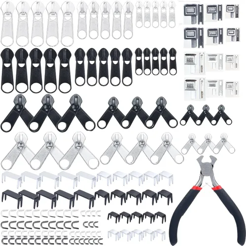 Minatee Kit de reparación de cremallera de 163 piezas – Cremalleras de repuesto, deslizadores, tapones y herramientas para costura, equipaje,