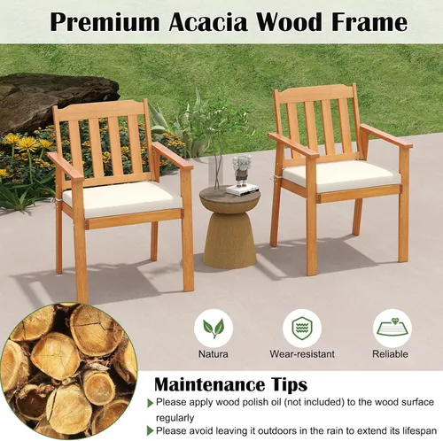 Miniatura 6 de Tangkula Juego de 2 sillas de patio de madera de acacia, sillones de comedor al aire libre con cojín suave y respaldo de listones, sillas de bistró