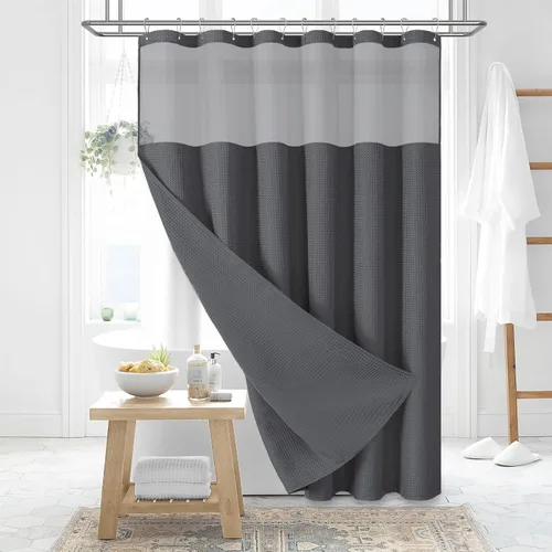 Miniatura 14 de Dynamene cortina de ducha de lino burdeos - cortinas de tela de nido de abeja texturizadas y resistentes para baño, 256GSM, juego de cortinas