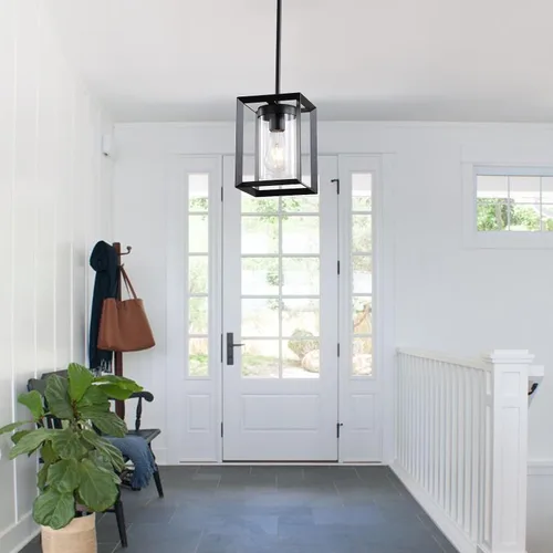 Miniatura 8 de Paquete de 1 lámpara colgante de isla de cocina negra de granja, altura ajustable, barra de metal colgante moderna con jaula de metal, pantalla