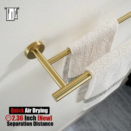 Miniatura 6 de JQK - Barra doble para toallas de baño, oro cepillado de 30 pulgadas, toallero de acero inoxidable 304 de 0.8 mm de espesor para baño, soporte