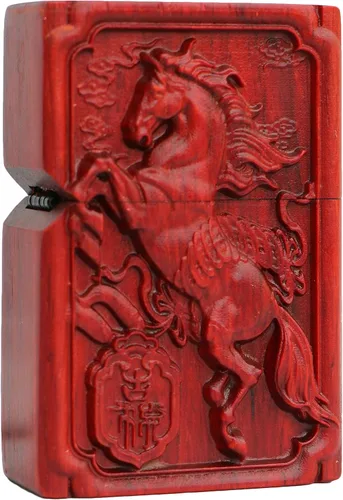Miniatura 22 de Caja de carcasa de madera natural tallada en palisandro Huanghuali para módulo Zippo (Zodíaco Caballo)
