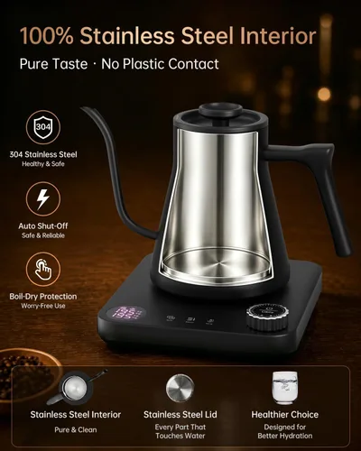 Miniatura 5 de Hervidor eléctrico de cuello de cisne para verter sobre café, control de precisión de ±1 °F, calefacción inteligente de dos etapas, 2 horas