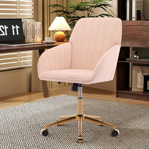 Miniatura 11 de Silla de oficina en casa, silla giratoria de terciopelo para escritorio, sillón tapizado moderno con base dorada para niñas y mujeres, asiento