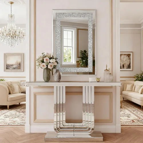 Miniatura 23 de Mesa Consola Negra con Espejo, Mesa de Sofá de Cristal Rectangular de 48 pulgadas con Elementos Tallados Vintage con Espejo, Muebles de Espejo