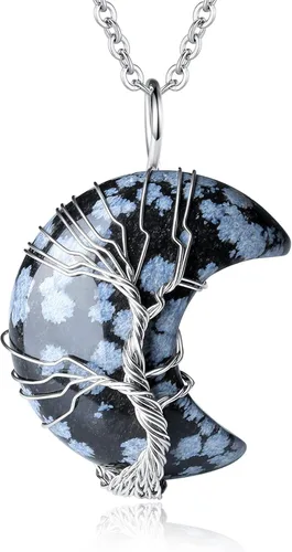 XIANNVXI Collares con colgante de cristal para mujer, collares de cristal curativo, colgante de luna creciente, árbol de la vida, alambre de cuarzo
