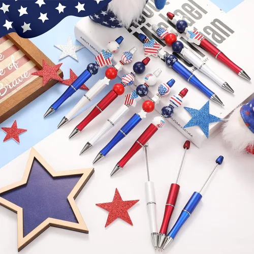 Miniatura 2 de Geyee Juego de 12 bolígrafos con cuentas de la bandera estadounidense, Día de la Independencia, juego de cuentas de madera del 4 de julio, juego