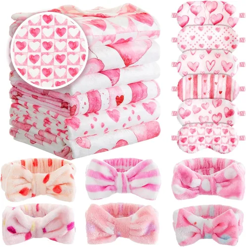 Miniatura 20 de Fanfanwin 18 piezas de suministros de fiesta de pijamas para niñas, 6 estilos lindos degradados, 6 diademas de forro polar coral para spa, 6