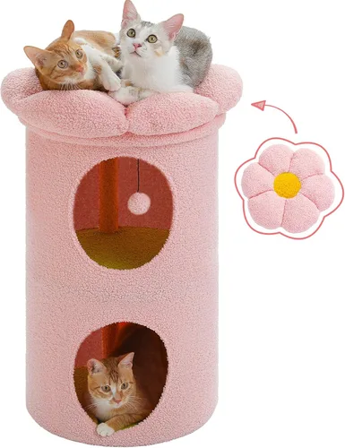 Miniatura 12 de PETEPELA Camas para gatos de 2 niveles para gatos de interior, casa de árbol para gatos con cama de flores extraíble, lindo escondite de gatos