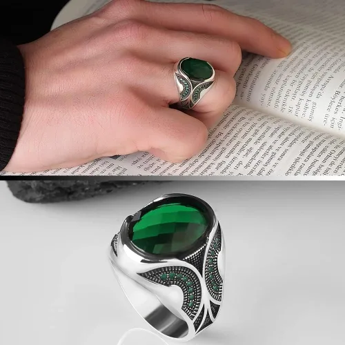 Miniatura 2 de Anillo de plata de ley 925 para hombre con piedra preciosa esmeralda, anillo de plata grabado hecho a mano, regalo para él, anillo de plata