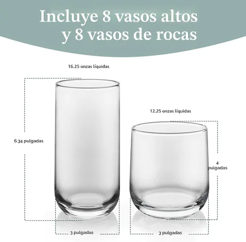 Miniatura 3 de Libbey Ascent Tumbler and Rocks - Juego de 16 vasos de vidrio con curvatura, juego de cristalería versátil para fiestas y más