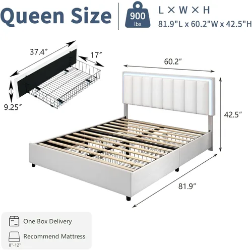 Miniatura 2 de Base de cama tamaño Queen con 4 cajones de almacenamiento, base de cama tapizada Queen con cabecero, luces LED RGB, base de metal resistente y Blanco