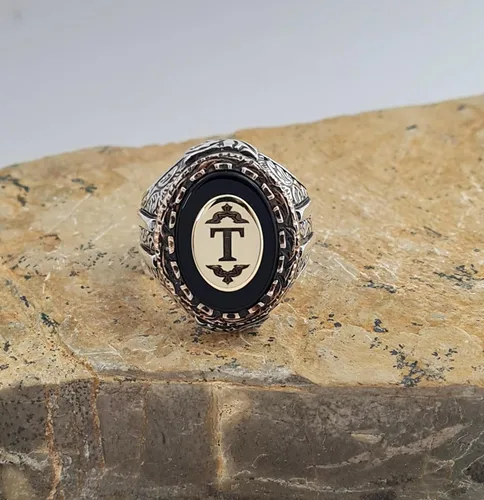 Miniatura 4 de Custom Personalized Letter Ring, Beautiful Handcrafted Personalized 925K Solid Sterling Silver Onyx Stone Men's Ring RP77