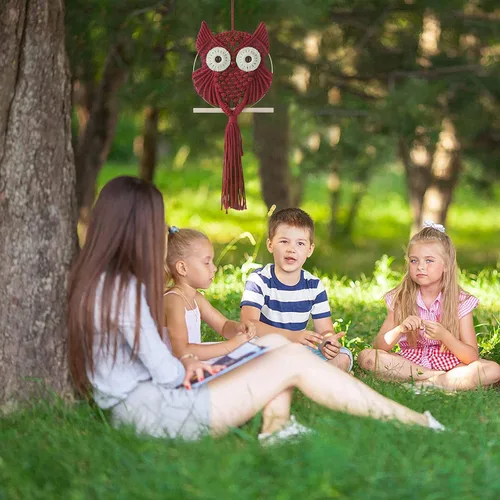 Miniatura 4 de MVSUTA Owl Burgundy Cotton Handmade Macrame Wall Hanging Tapestry Home Decor Art and Red Craft Wonderful Decoration Woven Boho Ornament for Office