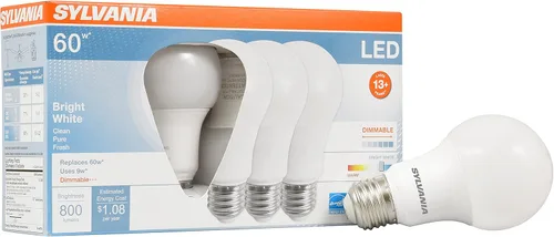 Sylvania Ultra - Bombilla LED equivalente a 60 W A19, eficiente 9 W, base media, regulable, acabado esmerilado, 800 lúmenes, blanco brillante,