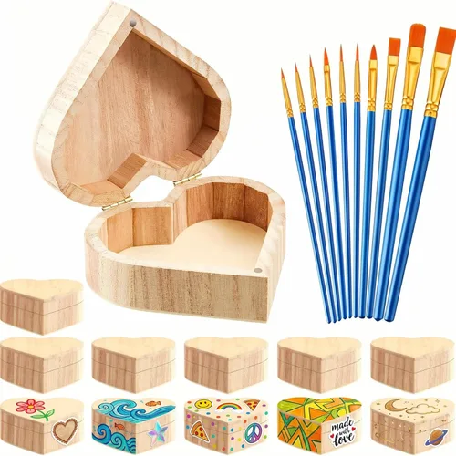 Miniatura 7 de Taiyin Caja de madera de corazón sin terminar de 12 piezas con 10 pinceles de arte, cofre del tesoro de madera sin pintar, caja de pino natural