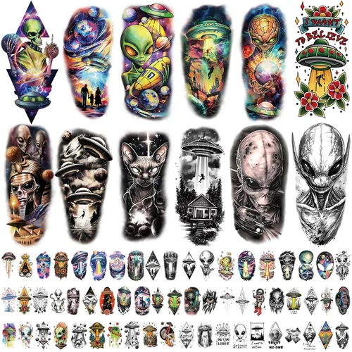 Miniatura 7 de Tatuajes temporales para hombres y mujeres adultos, 77 hojas de calcomanías de tatuaje falsas, lágrimas de serpiente, relojes, planetas