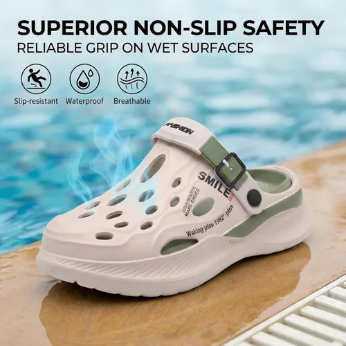 Miniatura 3 de Zuecos de jardín para hombre, transpirables, sin cordones, con suela gruesa antideslizante, resistentes al agua Beige-Verde