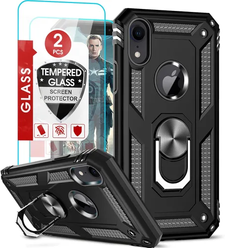 Funda para iPhone XR con protector de pantalla de vidrio templado [2 unidades], con armadura de grado militar con soporte para anillo de coche para