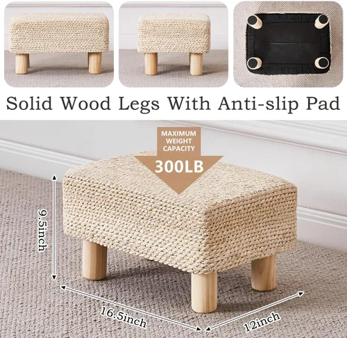 Miniatura 3 de Wimarsbon Reposapiés Otomano de Hierba Marina Natural Rectangular Reposapiés Puf Otomanos con Patas de Madera Tejido a Mano Taburete Escalón