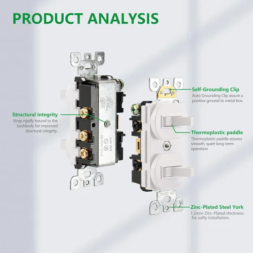 Miniatura 6 de Wengart Paquete de 2 interruptores de palanca doble, 15 amperios 120 V, interruptor de luz combinado 2 en 1, diseño que ahorra espacio para baño