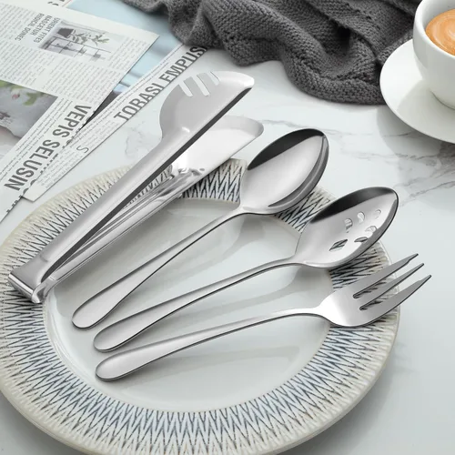 Miniatura 6 de Pleafind Juego de 16 utensilios de servir de acero inoxidable con cucharas de servir, cucharas de servir ranuradas, tenedores para servir y pinzas