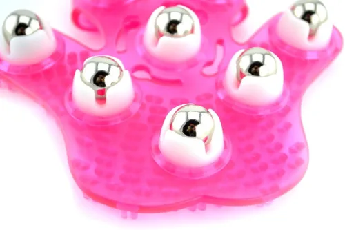 Miniatura 4 de Samyo Guante para masajes en forma de mano, masajeador corporal con 9 rodillos de 360 grados, bola giratoria metálica, cuidado para el cuerpo, Rosa