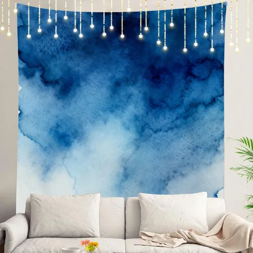 Miniatura 48 de Shrahala Tapiz de pared azul brillante, acuarela azul degradado para colgar en la pared, tapiz grande decorativo de fibra de poliéster, dobladillo