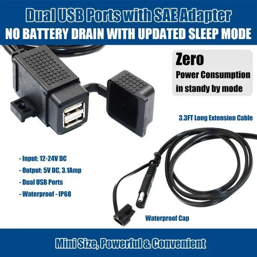 Miniatura 2 de MOTOPOWER MP0609C - Kit de cargador doble USB impermeable para motocicleta de 3,1 A, adaptador SAE a USB, cable para teléfono, tableta