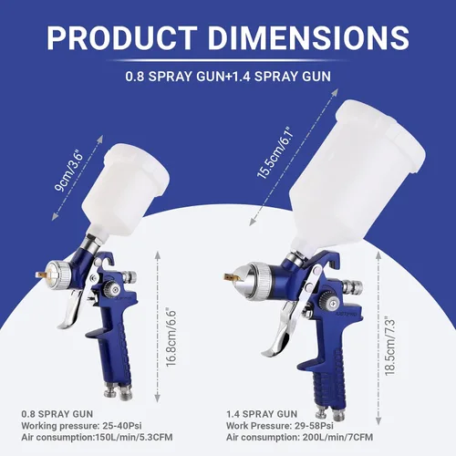 Miniatura 6 de Kit profesional de pistola pulverizadora de alimentación por gravedad HVLP 2 en 1 (0.055 in, 20.3 fl oz + 0.031 in 4.2 fl oz) con regulador